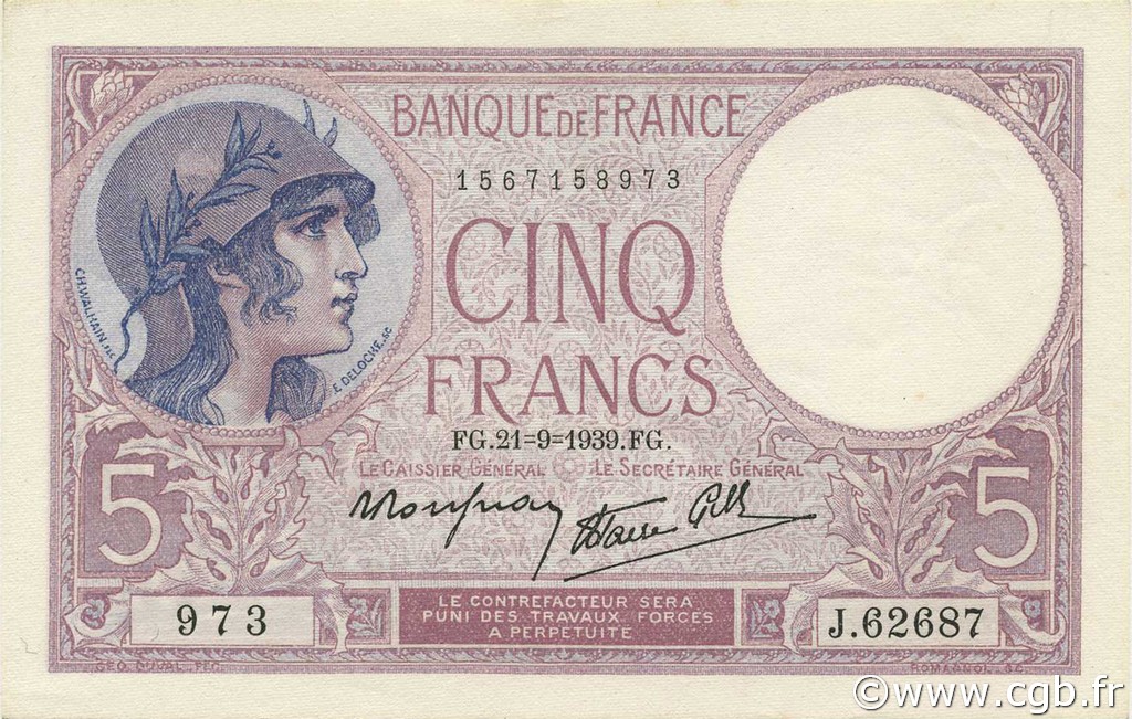 5 Francs FEMME CASQUÉE modifié FRANCE  1939 F.04.09 UNC