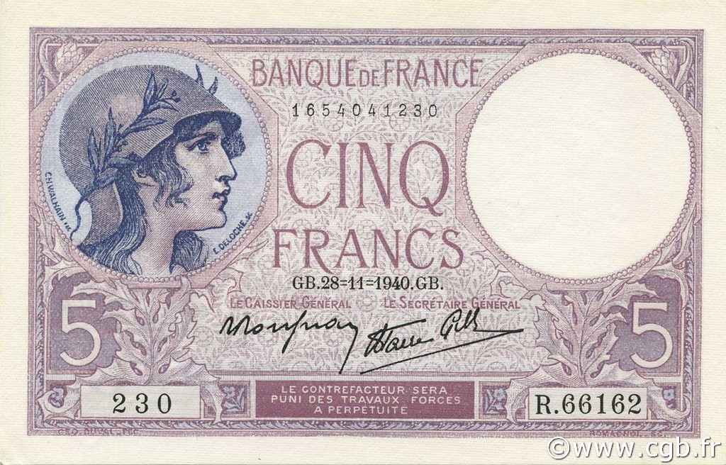 5 Francs FEMME CASQUÉE modifié FRANCE  1940 F.04.15 UNC-