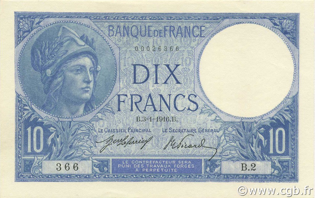 10 Francs MINERVE FRANCIA  1916 F.06.01 FDC