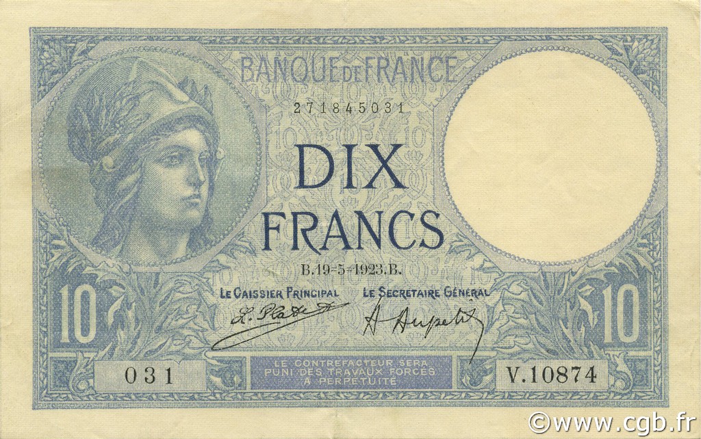 10 Francs MINERVE FRANCIA  1923 F.06.07 EBC+