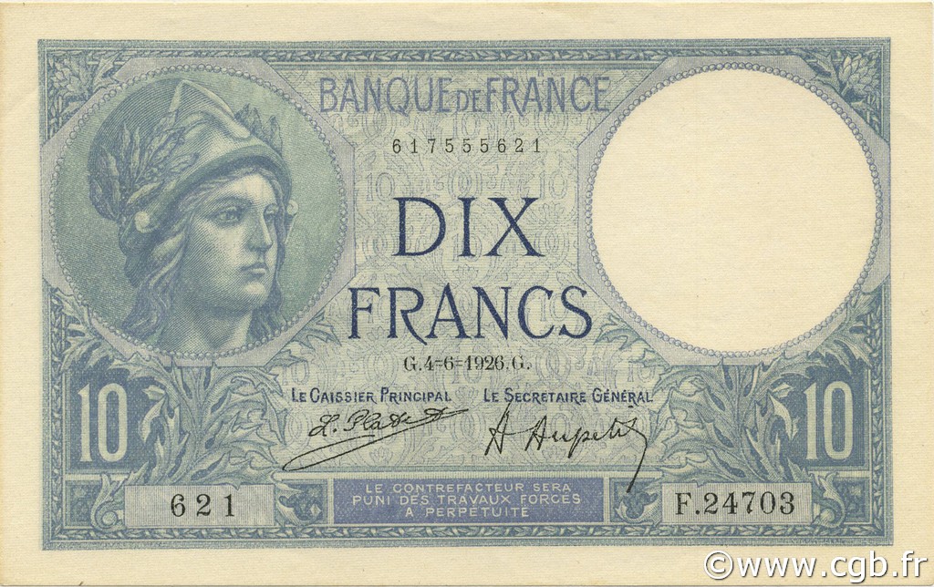 10 Francs MINERVE FRANCIA  1926 F.06.10 q.FDC