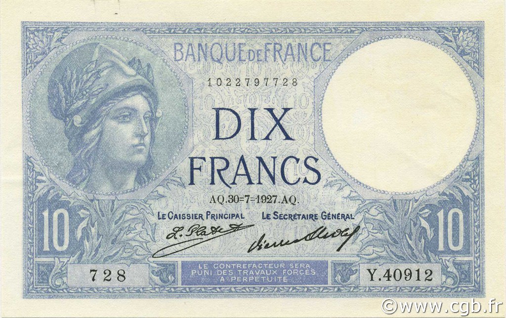 10 Francs MINERVE FRANCIA  1927 F.06.12 SC