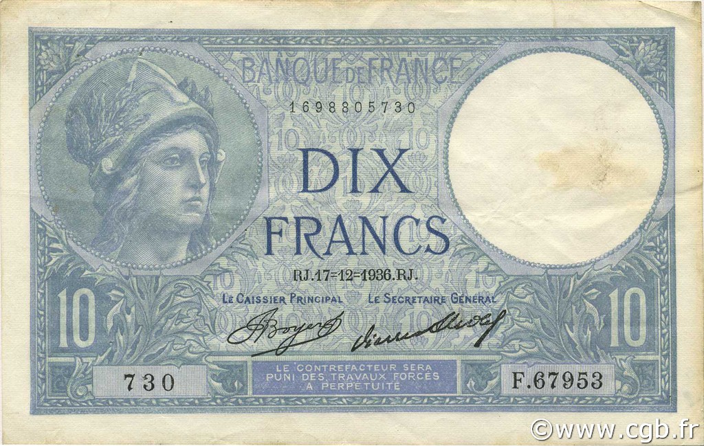 10 Francs MINERVE FRANCIA  1936 F.06.17 SPL