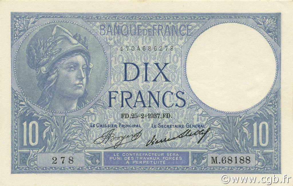 10 Francs MINERVE FRANCE  1937 F.06.18 UNC