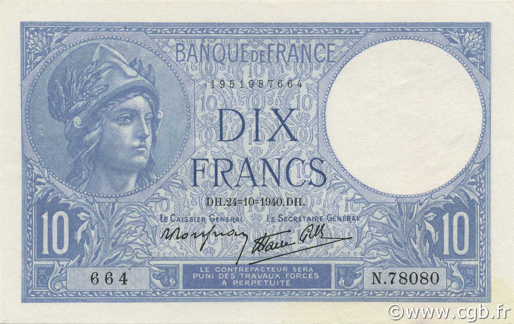 10 Francs MINERVE modifié FRANCIA  1940 F.07.18 AU