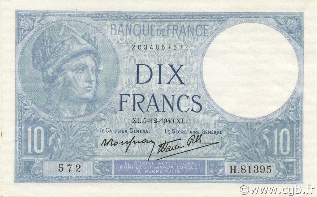 10 Francs MINERVE modifié FRANCE  1940 F.07.23 UNC-