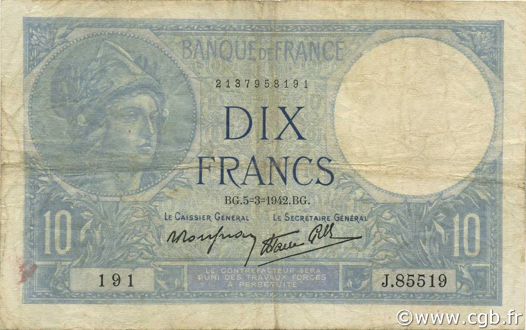 10 Francs MINERVE modifié FRANCIA  1942 F.07.31 MB