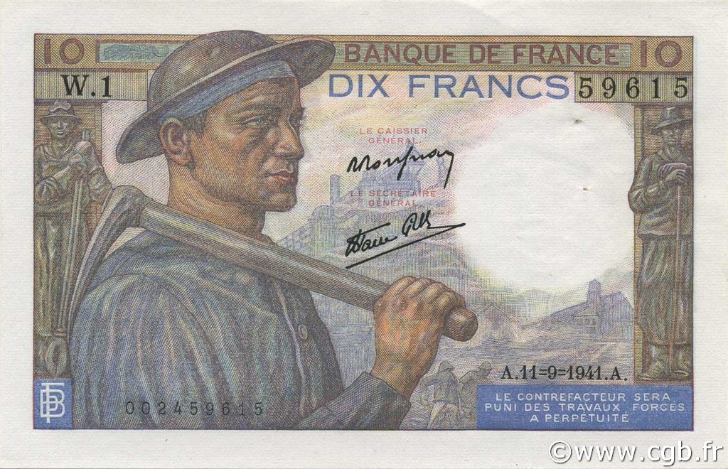 10 Francs MINEUR FRANKREICH  1941 F.08.01 fST
