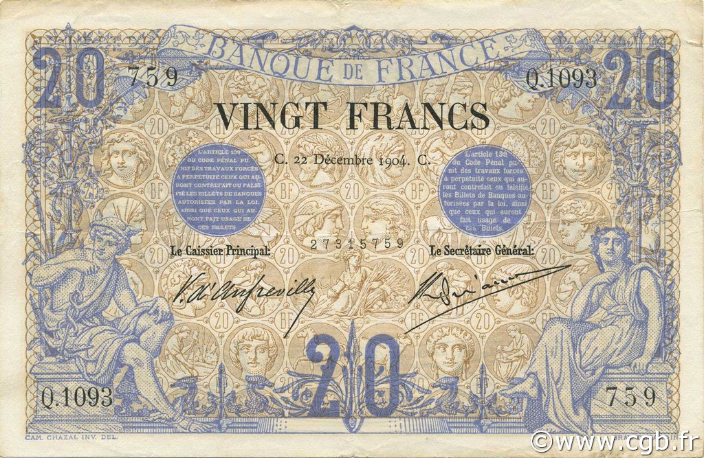 20 Francs NOIR FRANCIA  1904 F.09.03 BC+