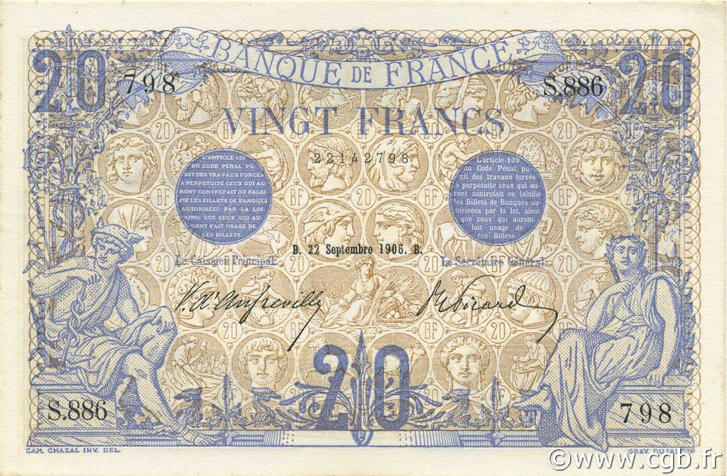 20 Francs BLEU FRANKREICH  1906 F.10.01 fST+