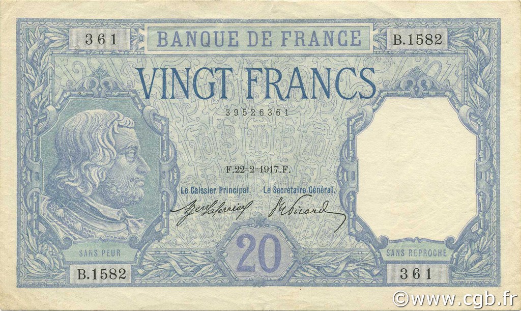 20 Francs BAYARD FRANCE  1917 F.11.02 VF+