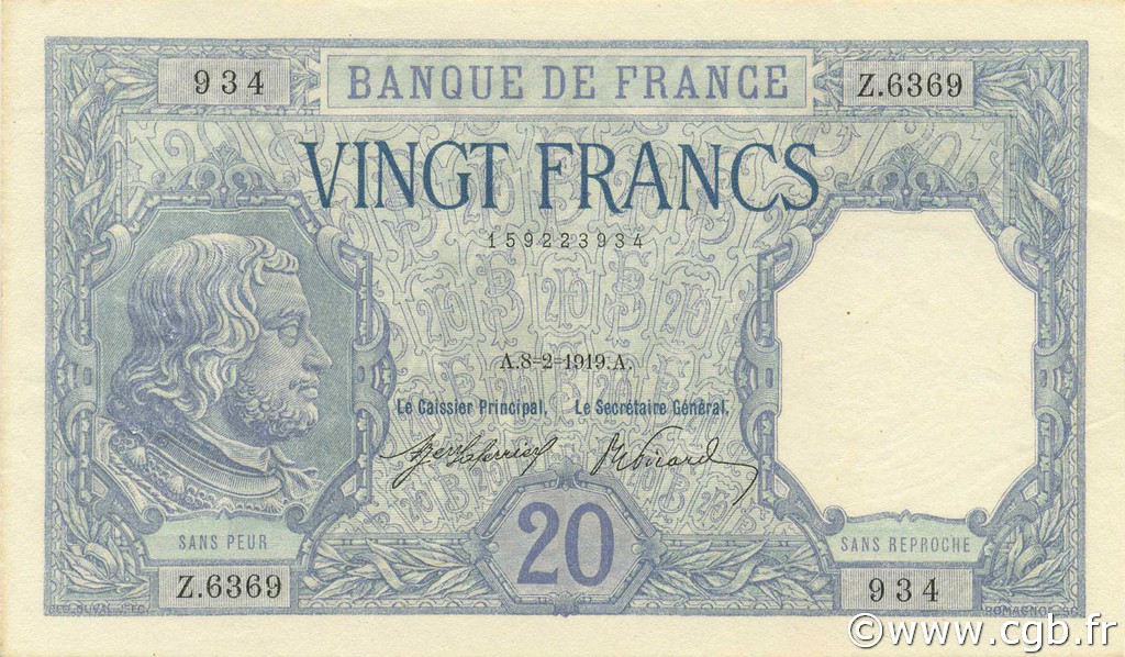 20 Francs BAYARD FRANCE  1919 F.11.04 XF - AU