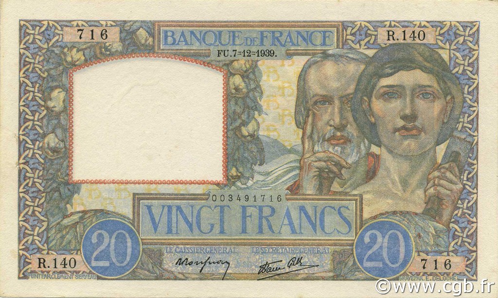 20 Francs TRAVAIL ET SCIENCE FRANCIA  1939 F.12.01 SC