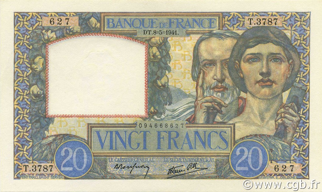20 Francs TRAVAIL ET SCIENCE FRANCE  1941 F.12.14 UNC