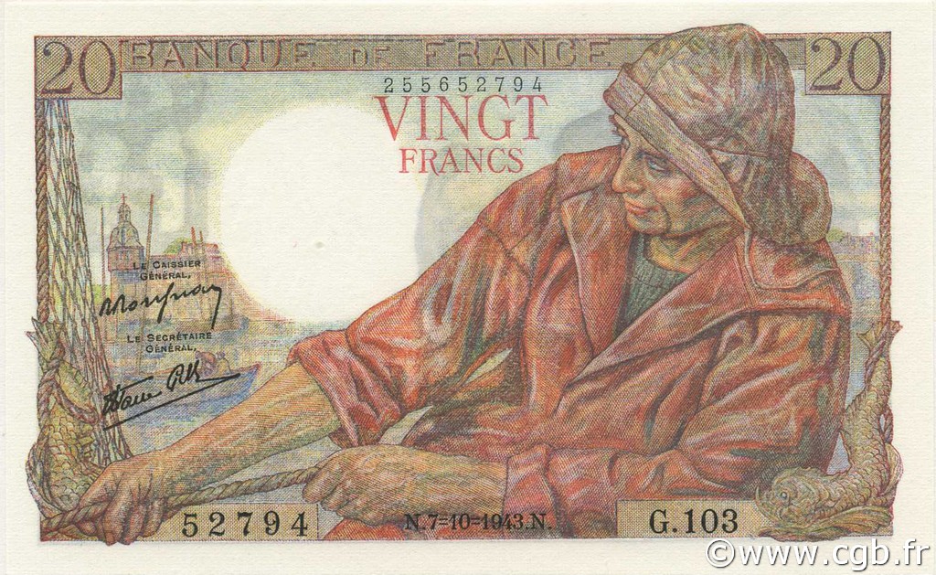 20 Francs PÊCHEUR FRANKREICH  1943 F.13.07 fST+