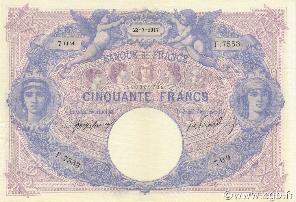 50 Francs BLEU ET ROSE FRANCIA  1917 F.14.30 EBC+