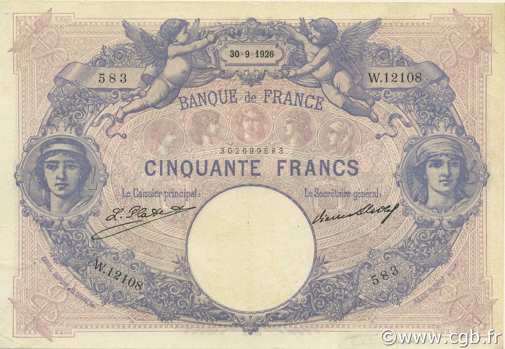 50 Francs BLEU ET ROSE FRANKREICH  1926 F.14.39 VZ