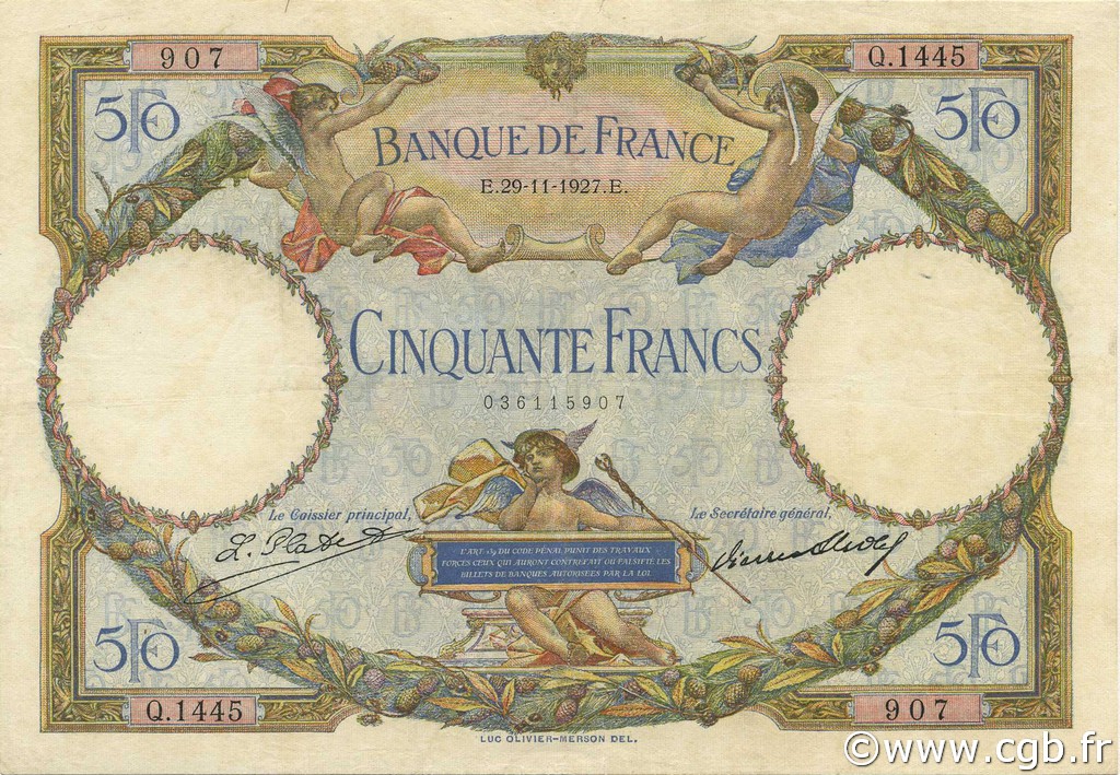 50 Francs LUC OLIVIER MERSON FRANCIA  1927 F.15.01 BB