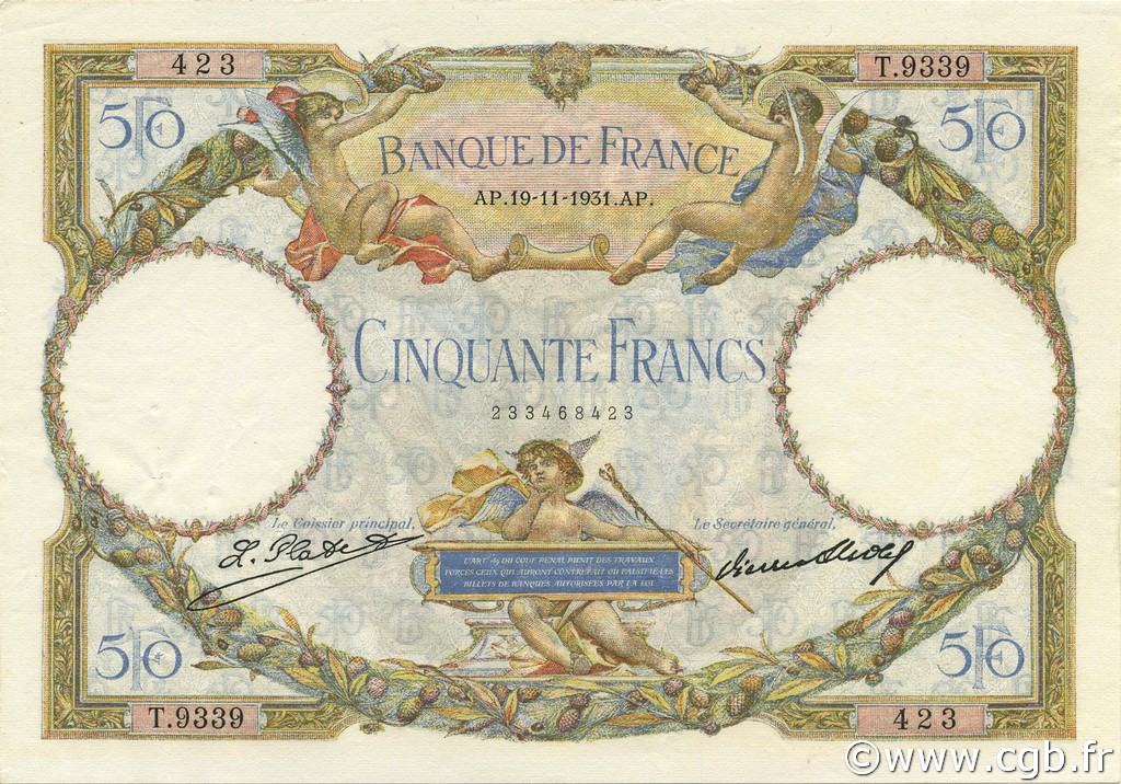 50 Francs LUC OLIVIER MERSON type modifié FRANKREICH  1931 F.16.02 SS to VZ