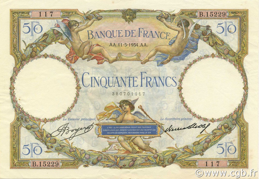 50 Francs LUC OLIVIER MERSON type modifié FRANCE  1934 F.16.05 XF+