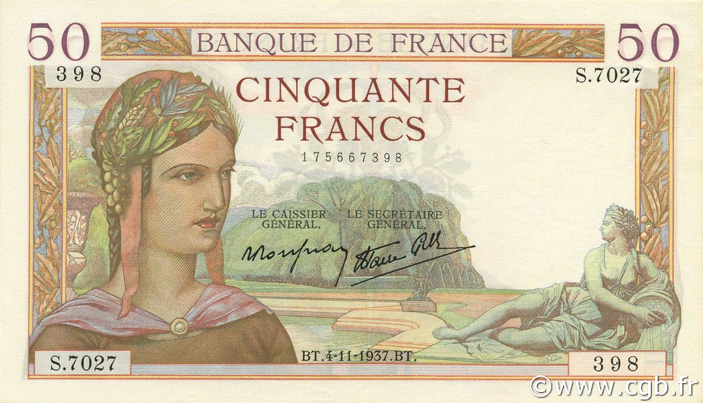 50 Francs CÉRÈS modifié FRANKREICH  1937 F.18.04 VZ+