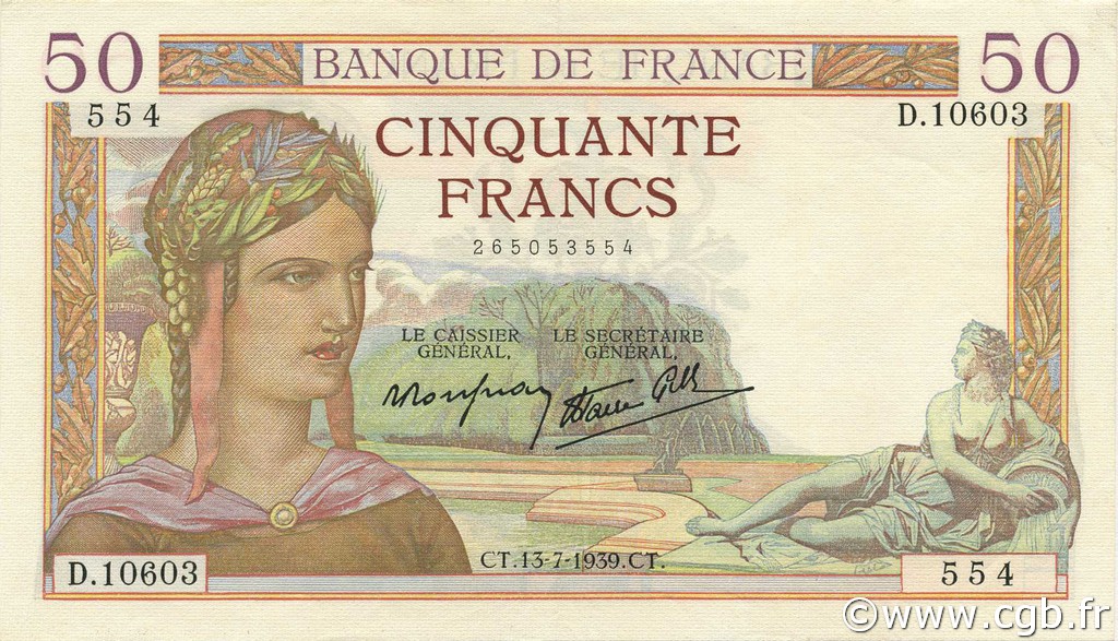 50 Francs CÉRÈS modifié FRANKREICH  1939 F.18.28 fST