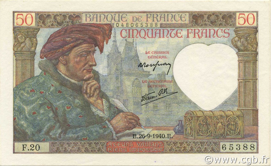 50 Francs JACQUES CŒUR FRANCIA  1940 F.19.03 SC+