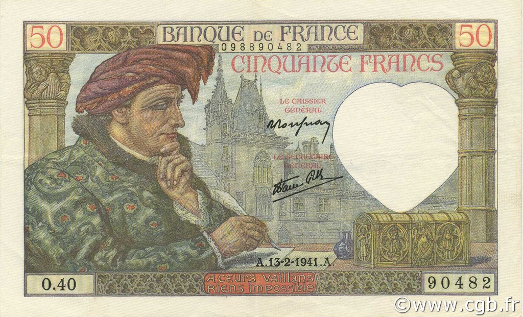 50 Francs JACQUES CŒUR FRANCE  1941 F.19.06 SUP