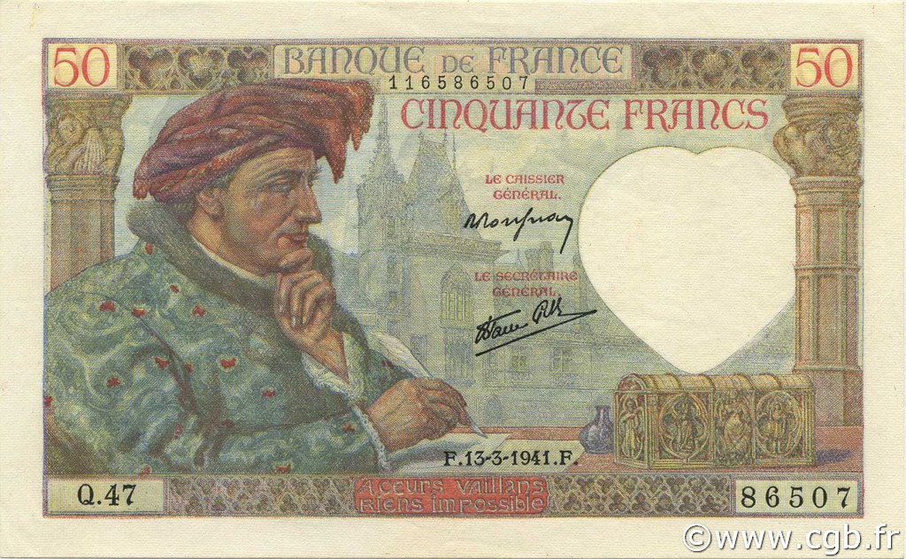 50 Francs JACQUES CŒUR FRANCE  1941 F.19.07 AU-
