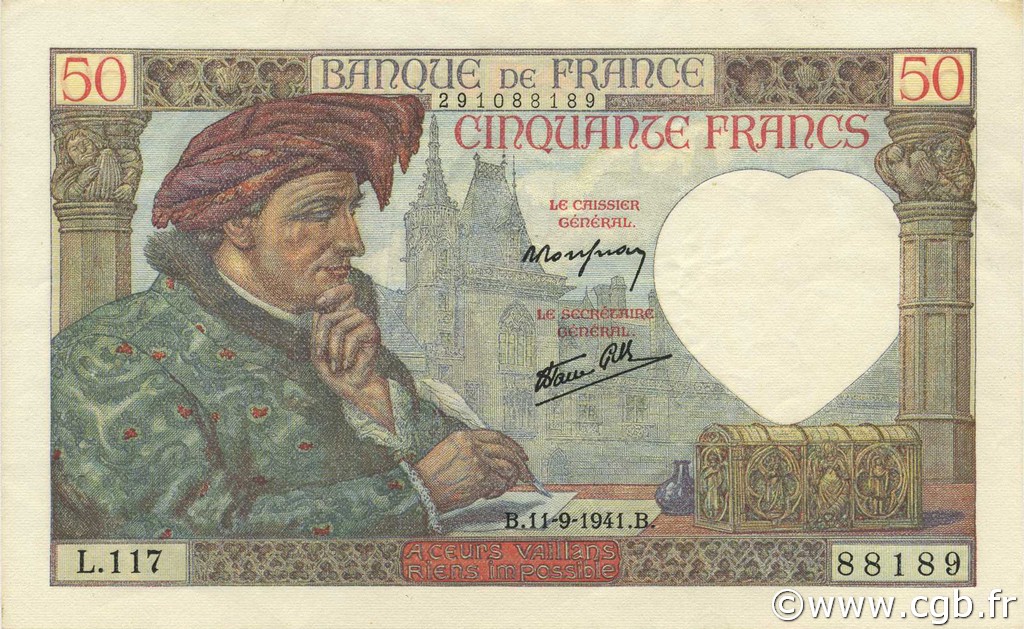 50 Francs JACQUES CŒUR FRANKREICH  1941 F.19.14 VZ