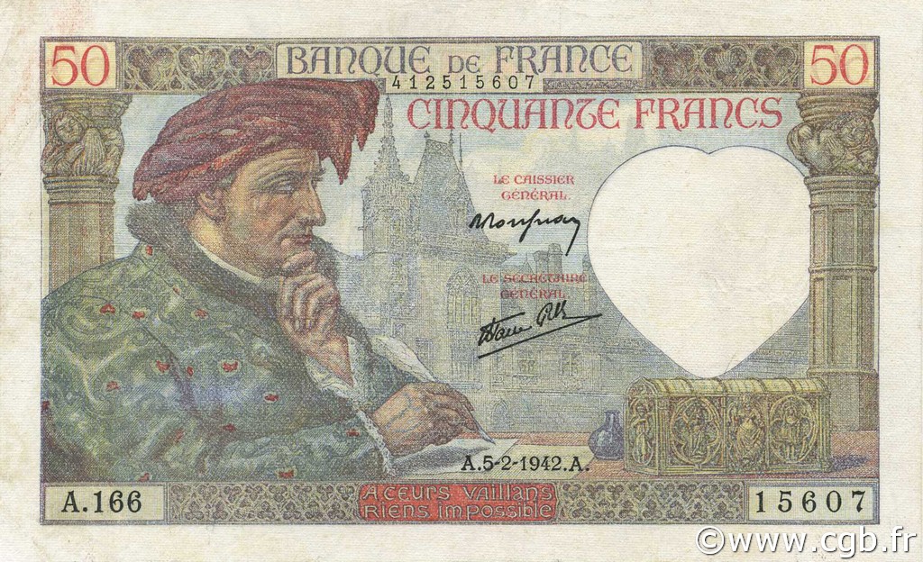 50 Francs JACQUES CŒUR FRANCIA  1942 F.19.19 MBC+