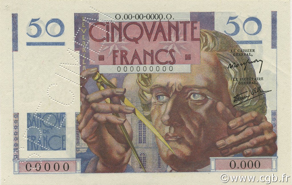 50 Francs LE VERRIER FRANCIA  1946 F.20.01Sp q.AU