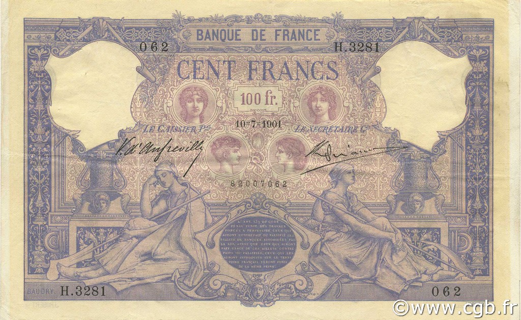 100 Francs BLEU ET ROSE FRANCE  1901 F.21.15 VF+