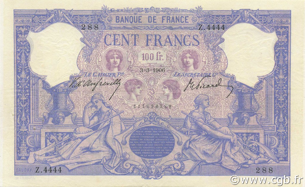 100 Francs BLEU ET ROSE FRANCE  1906 F.21.20 VF+