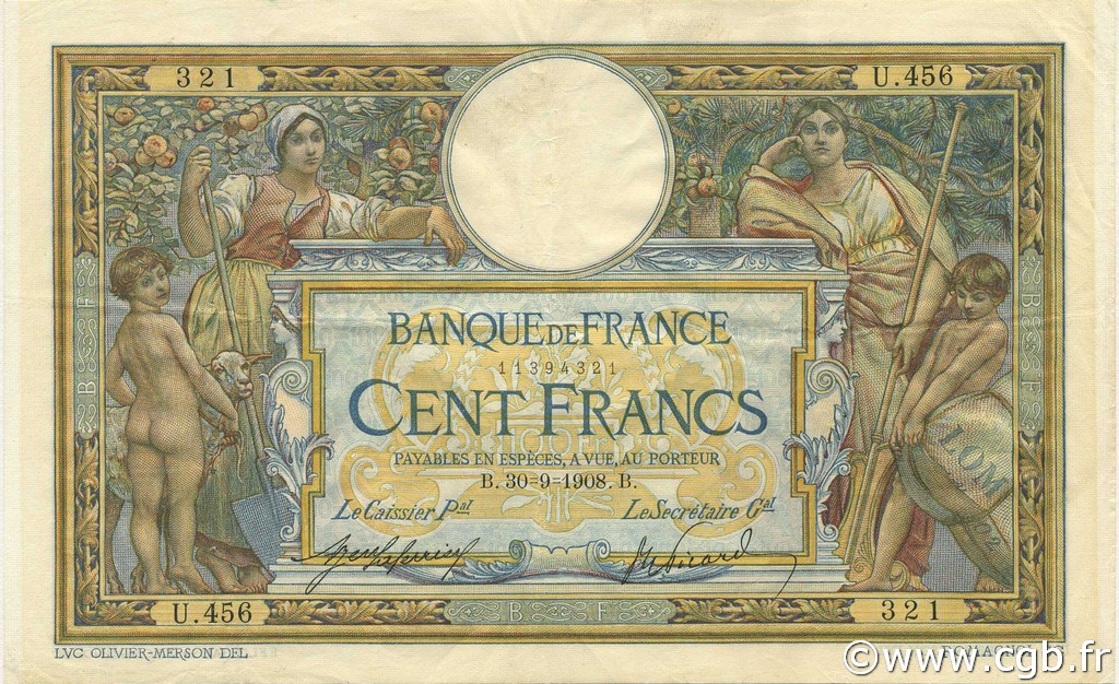 100 Francs LUC OLIVIER MERSON avec LOM FRANKREICH  1908 F.22.01 fVZ
