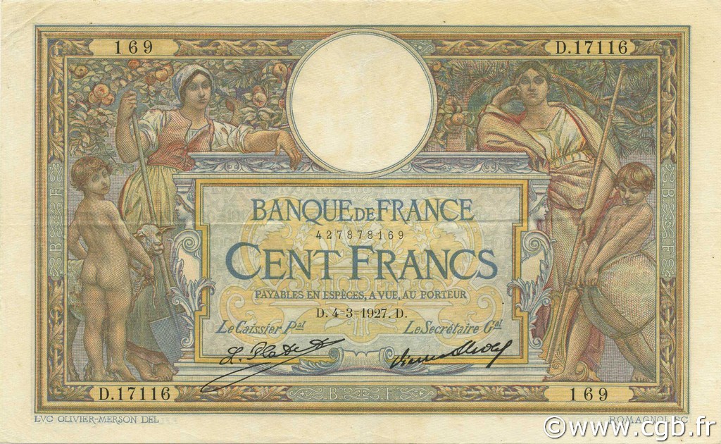 100 Francs LUC OLIVIER MERSON grands cartouches FRANCE  1927 F.24.06 XF-