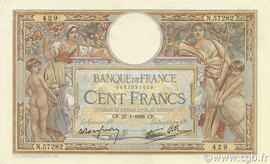 100 Francs LUC OLIVIER MERSON type modifié FRANKREICH  1938 F.25.09 VZ+