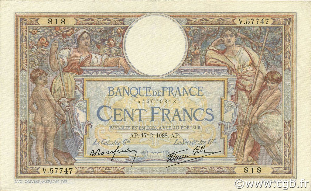 100 Francs LUC OLIVIER MERSON type modifié FRANCIA  1938 F.25.11 q.SPL