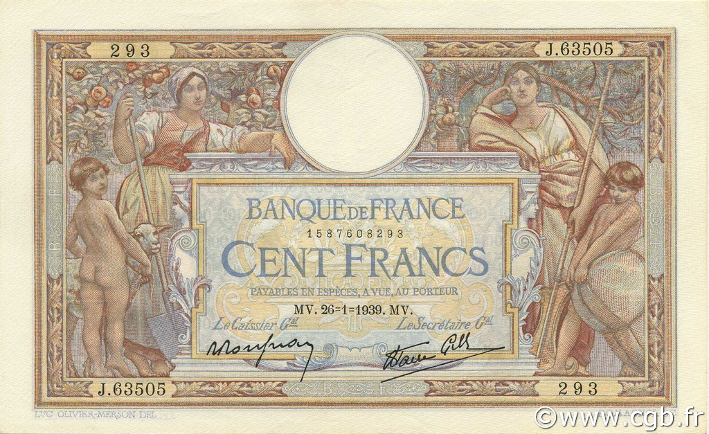 100 Francs LUC OLIVIER MERSON type modifié FRANCE  1939 F.25.40 SUP