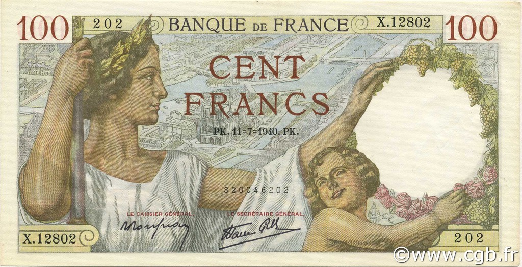 100 Francs SULLY FRANCE  1940 F.26.33 AU+