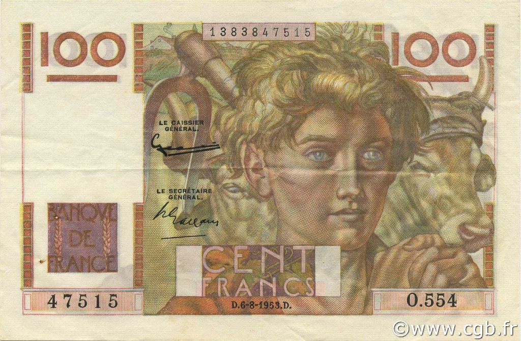 100 Francs JEUNE PAYSAN filigrane inversé FRANKREICH  1953 F.28bis.02 fVZ