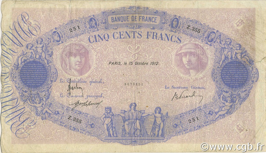 500 Francs BLEU ET ROSE FRANKREICH  1912 F.30.20 S