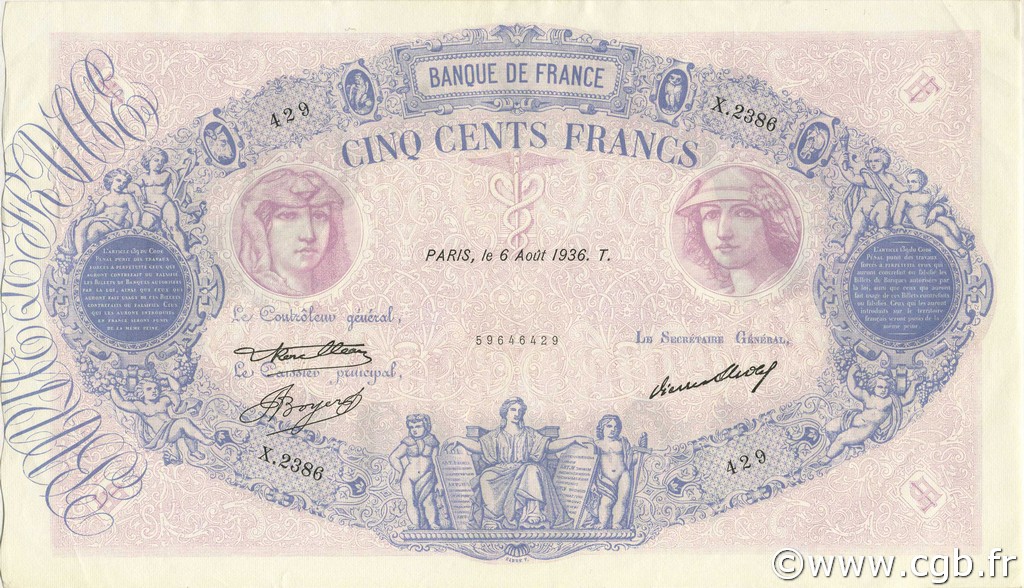 500 Francs BLEU ET ROSE FRANKREICH  1936 F.30.37 fST