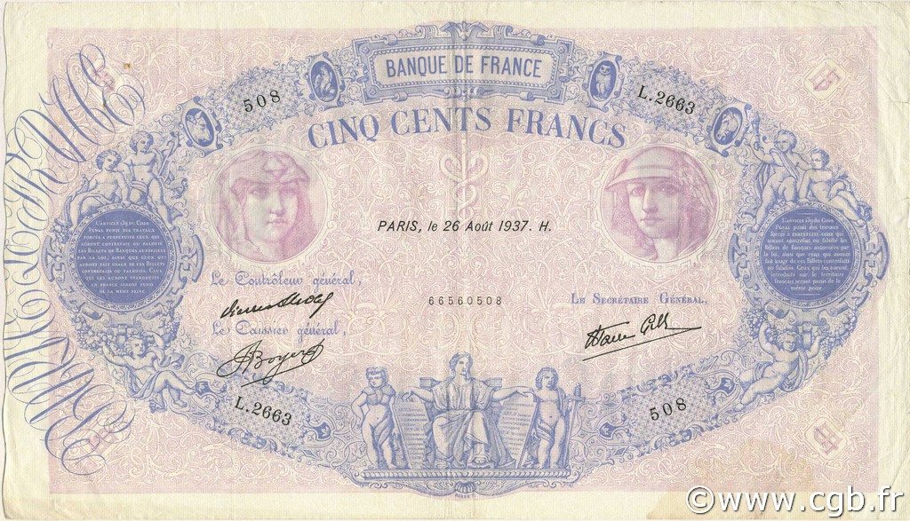 500 Francs BLEU ET ROSE modifié FRANCIA  1937 F.31.02 MBC
