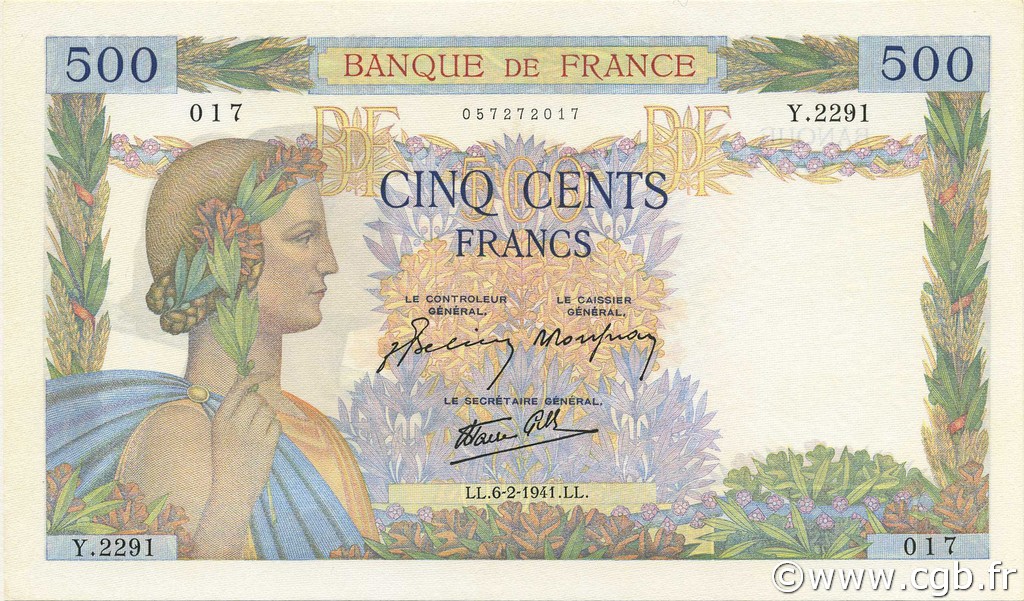500 Francs LA PAIX FRANCE  1941 F.32.14 UNC