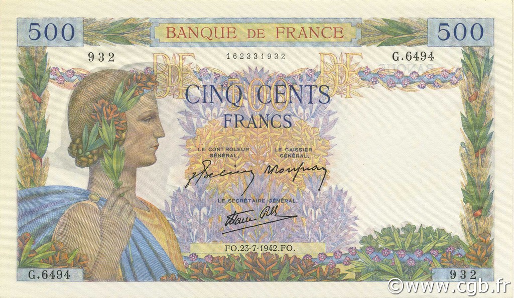 500 Francs LA PAIX FRANKREICH  1942 F.32.38 ST