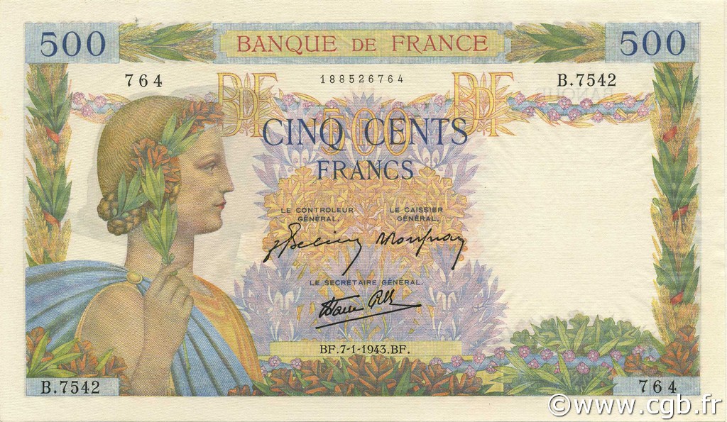 500 Francs LA PAIX FRANCE  1943 F.32.44 UNC-