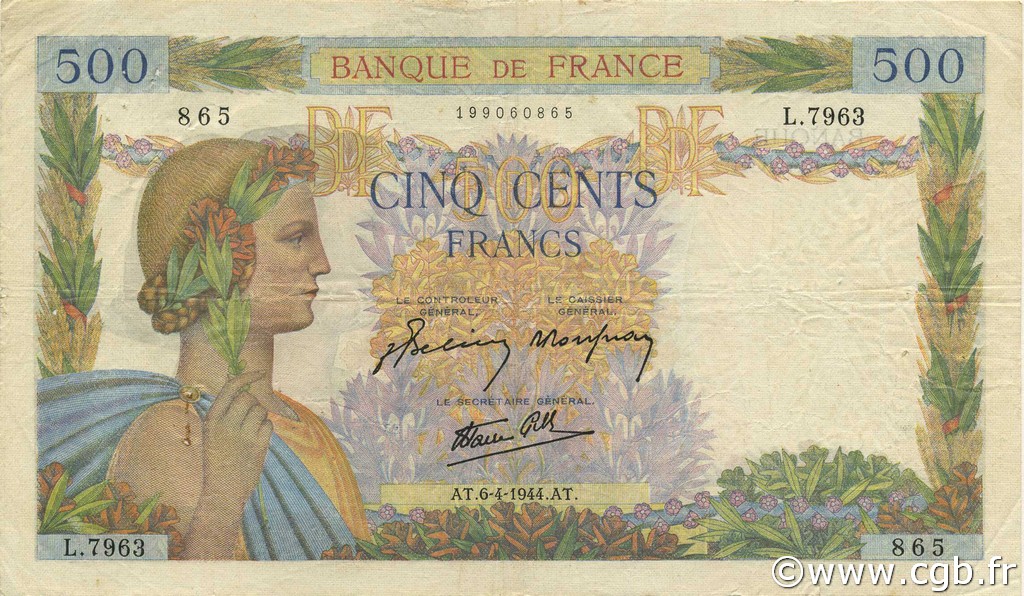 500 Francs LA PAIX FRANCIA  1944 F.32.46 BC+