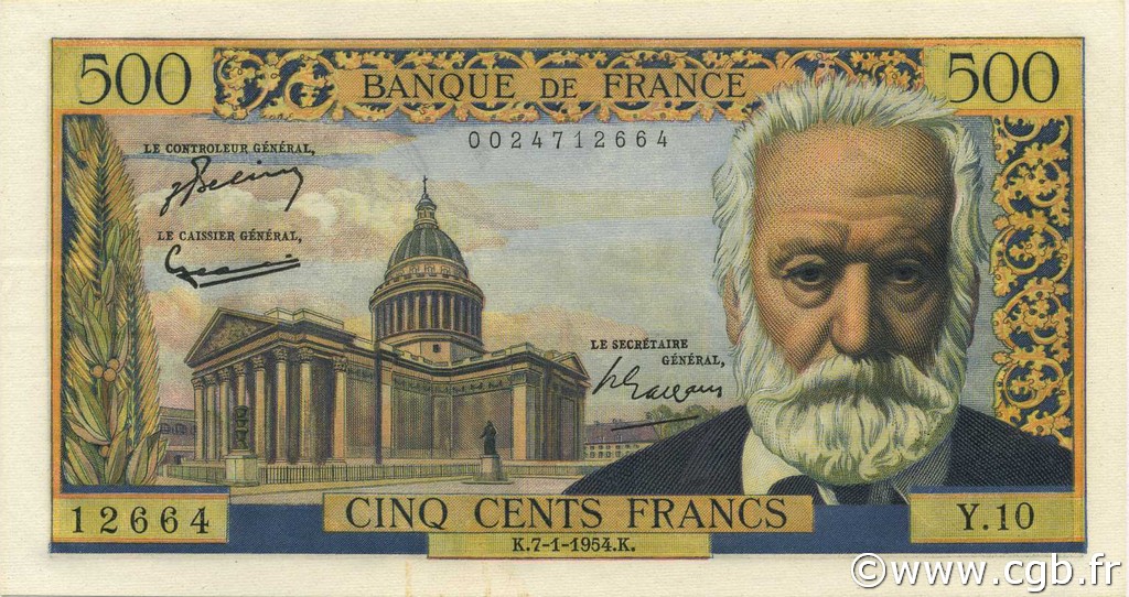 500 Francs VICTOR HUGO FRANCIA  1954 F.35.01 AU+