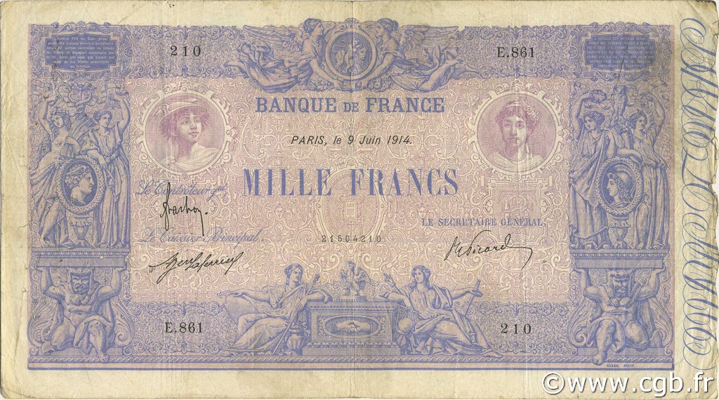 1000 Francs BLEU ET ROSE FRANCE  1914 F.36.28 VG